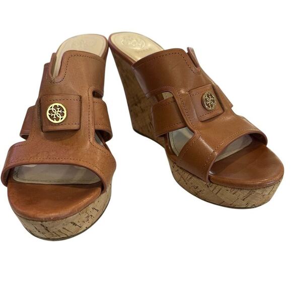 Guess Eadra2 Women's Brown Leather Wedge Sandals Size 9M Casual - Picture 1 of 11